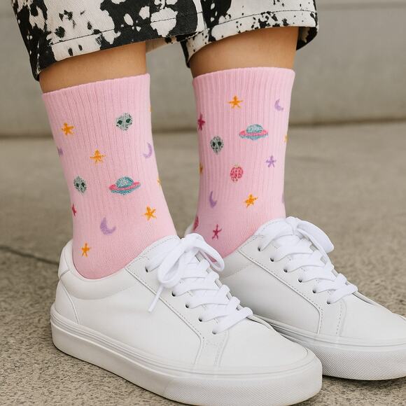New Galaxy Glam Pink Planet Crew Socks Pastel Print‎ Novelty Space Alien Cute - Picture 1 of 3